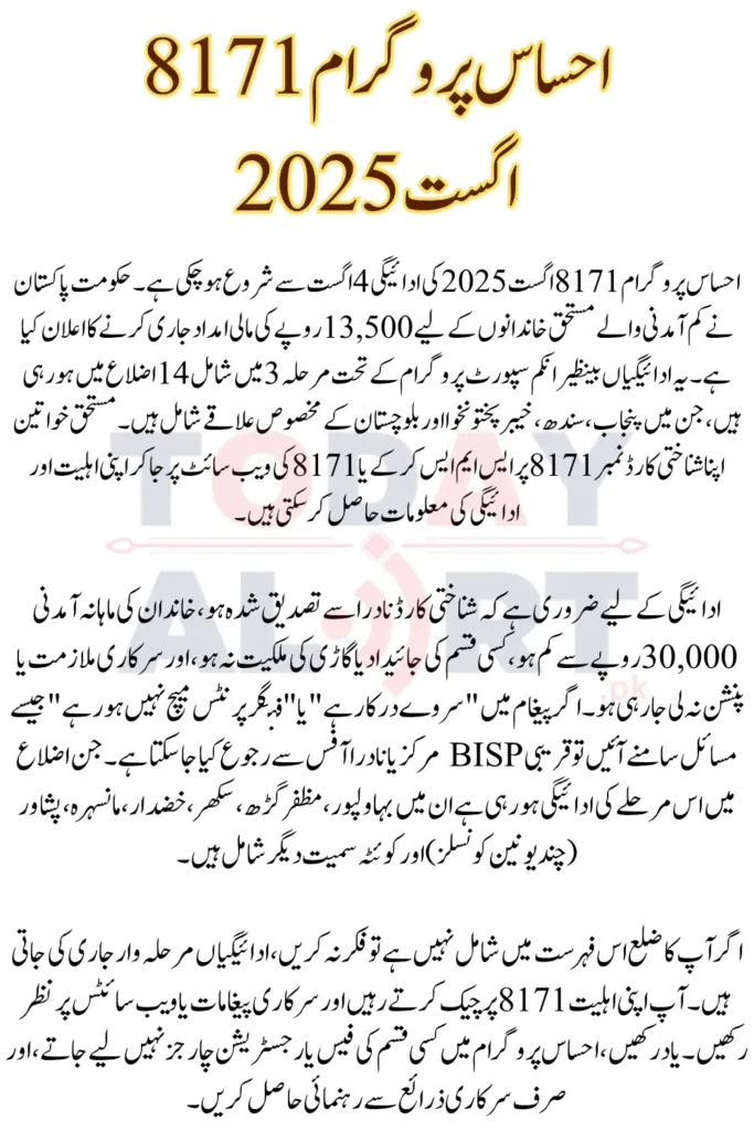 Ehsaas Program 8171 August 2025 Update - Payment Schedule and Districts